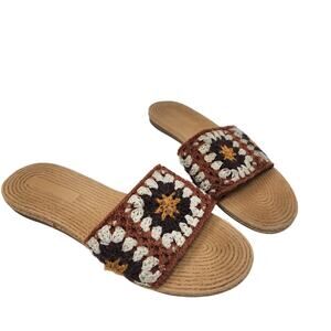 Bamboo Crochet Retro Earthy Brown Tan Boho Slide Sandals Summer Shoe Size 10
